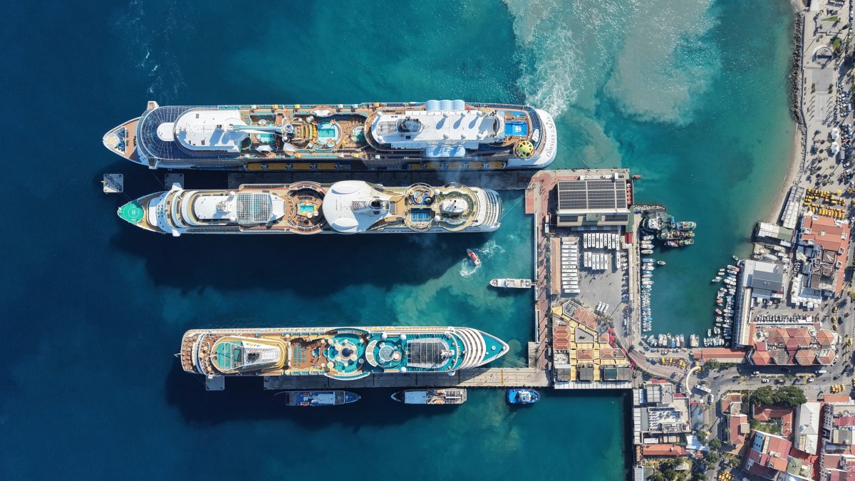 An aerial view of cruise ships at the Port of Kuşadası, Aydın, western Türkiye, June 10, 2026. (AA Photo)