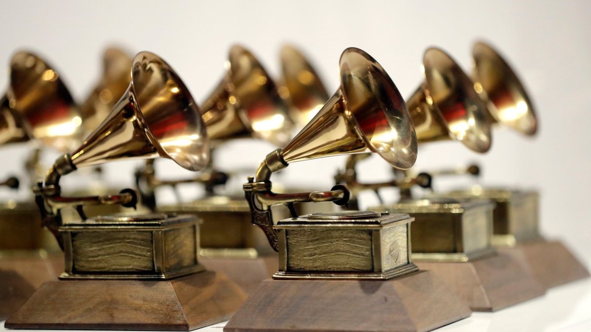 Some Grammy Awards are displayed at the Grammy Museum Experience at Prudential Center in Newark, U.S., Oct. 10, 2017. (AP Photo)