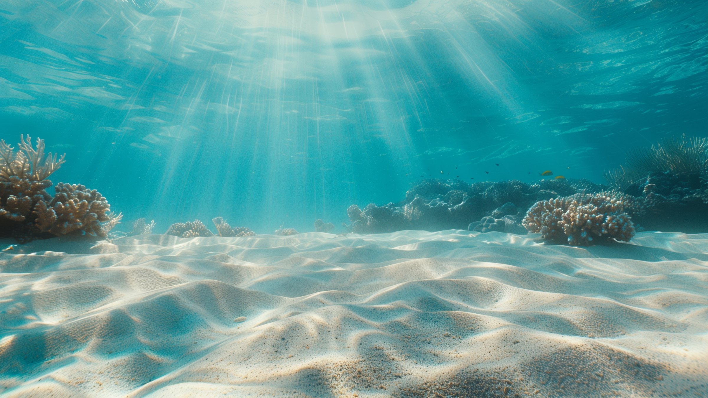 Sunlight beams penetrate the clear blue water, illuminating the sandy ocean floor and coral formations below. (Shutterstock Photo)