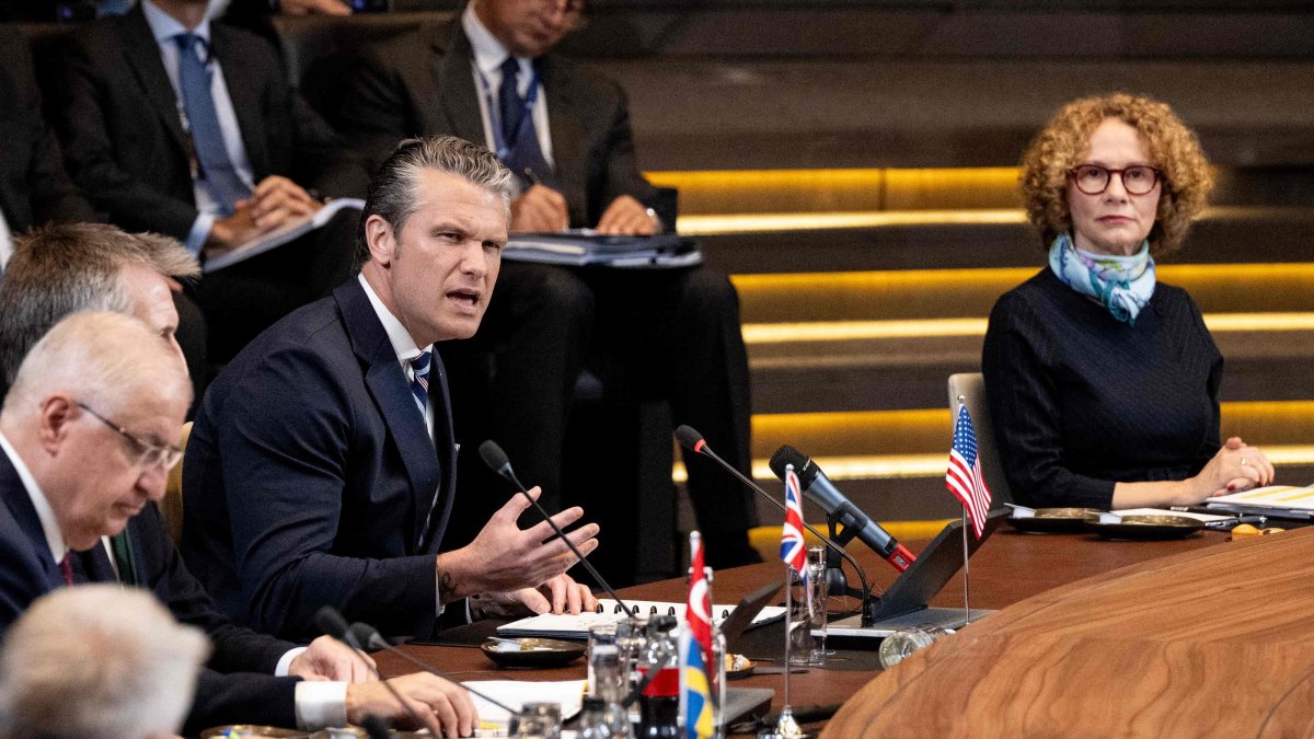 U.S. Secretary of Defense Pete Hegseth (L) speaks during a NATO Defense Ministers meeting at the NATO headquarters, in Brussels, Belgium, June 18, 2026. (AFP Photo)