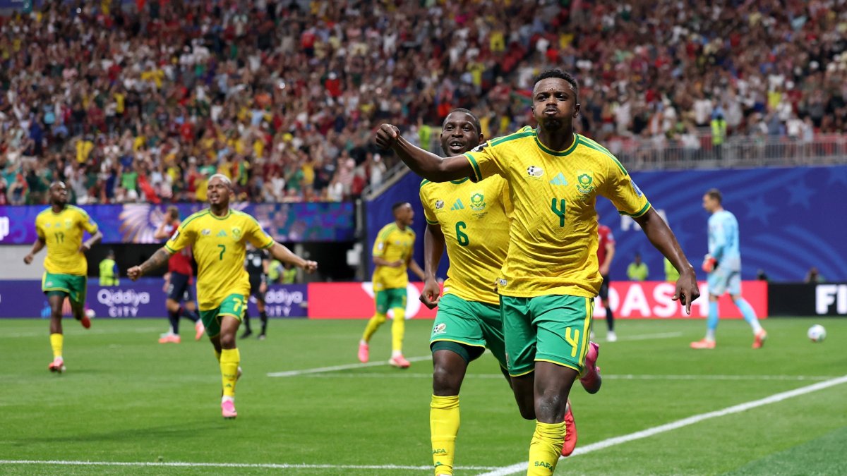 Teboho Mokoena #4 of South Africa celebrates after scoring a penalty for his team's first goal during the FIFA World Cup 2026 Group A match between Czechia and South Africa at Atlanta Stadium, Atlanta, Georgia, U.S., June 18, 2026. (AFP Photo)