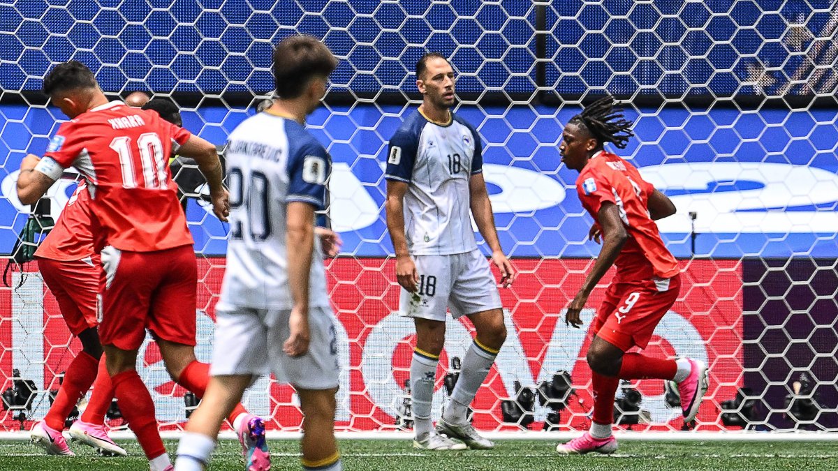 Switzerland's midfielder #09 Johan Manzambi celebrates scoring his team's first goal during the 2026 World Cup Group B football match between Switzerland and Bosnia-Herzegovina at Los Angeles Stadium, Inglewood, U.S., June 18, 2026. (AFP Photo)