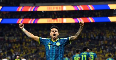 Colombia's Luis Diaz celebrates scoring his team's second goal during the 2026 World Cup Group K football match against Uzbekistan at the Mexico City Stadium, Mexico City, Mexico, June 17, 2026. (AFP Photo)