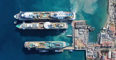 An aerial view of cruise ships at the Port of Kuşadası, Aydın, western Türkiye, June 10, 2026. (AA Photo)