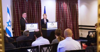 Reflect on a mirror, Israel's Foreign Minister Gideon Saar (L) speaks during a press conference with the EU High Representative for Foreign Affairs Kaja Kallas, in west Jerusalem, March 24, 2025. (AP Photo)