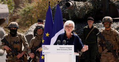 French Defense and Veterans Minister Catherine Vautrin delivers an inaugural speech at the Eurosatory international land and air defence and security trade fair in Villepinte near Paris, France, June 15, 2026. (Reuters Photo)