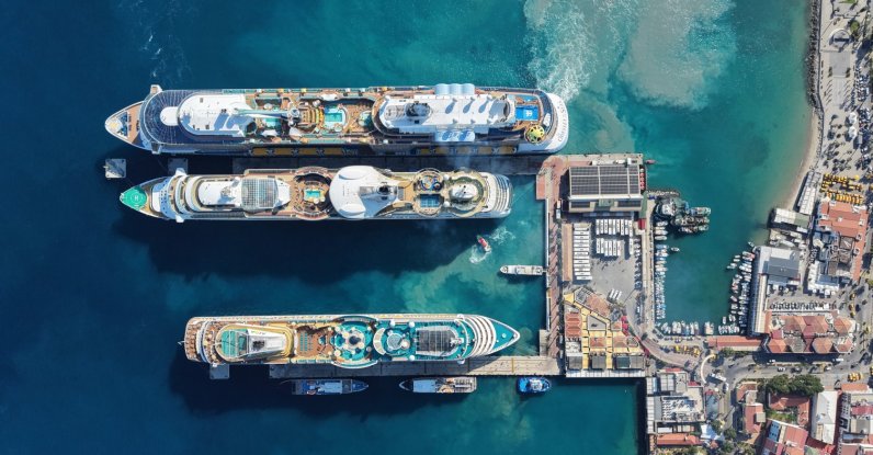 An aerial view of cruise ships at the Port of Kuşadası, Aydın, western Türkiye, June 10, 2026. (AA Photo)