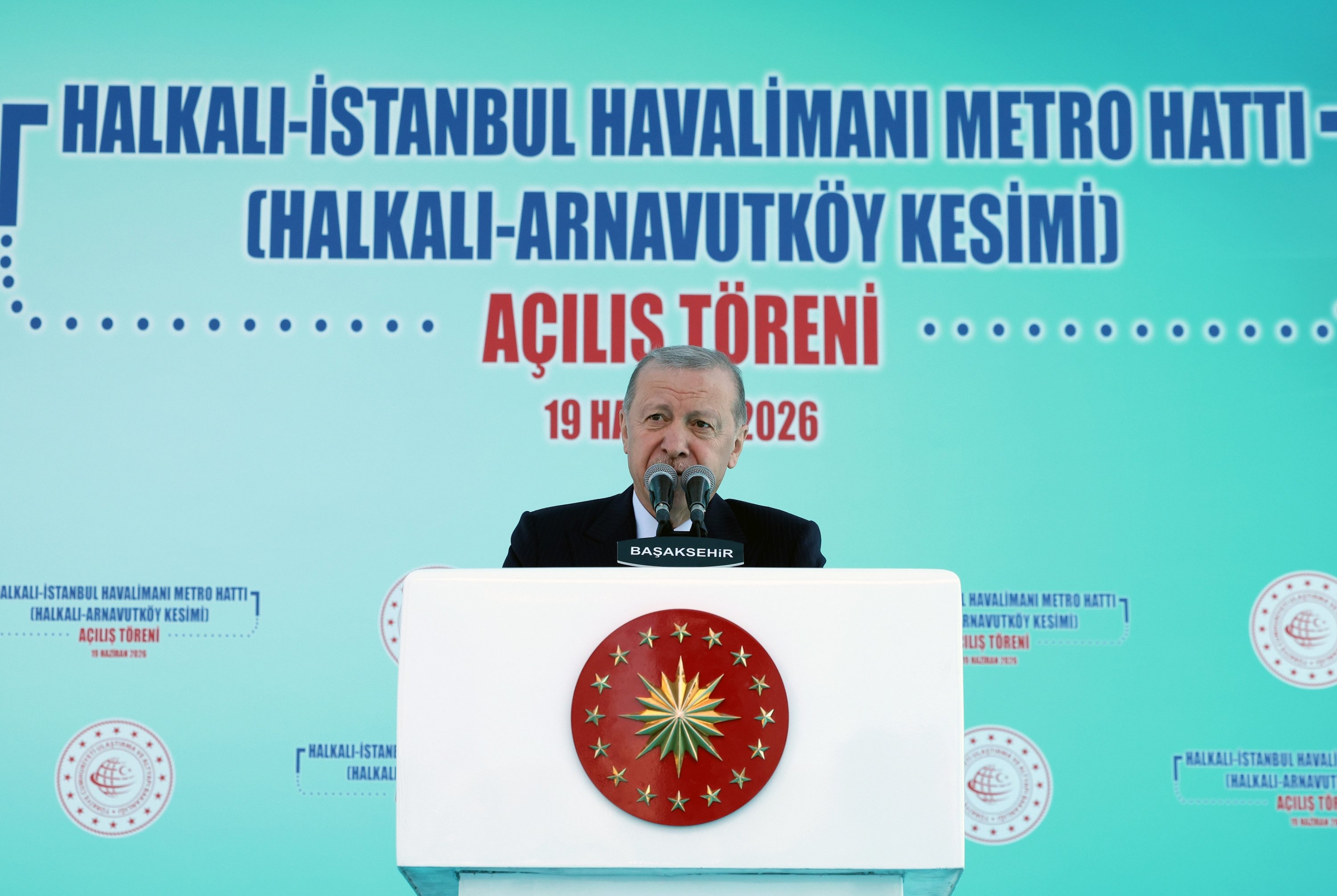 President Recep Tayyip Erdoğan speaks at the ceremony to inaugurate the Halkalı-Arnavutköy section of the Gayrettepe-Istanbul Airport-Halkalı metro line, Istanbul, Türkiye, June 19, 2026. (AA Photo)