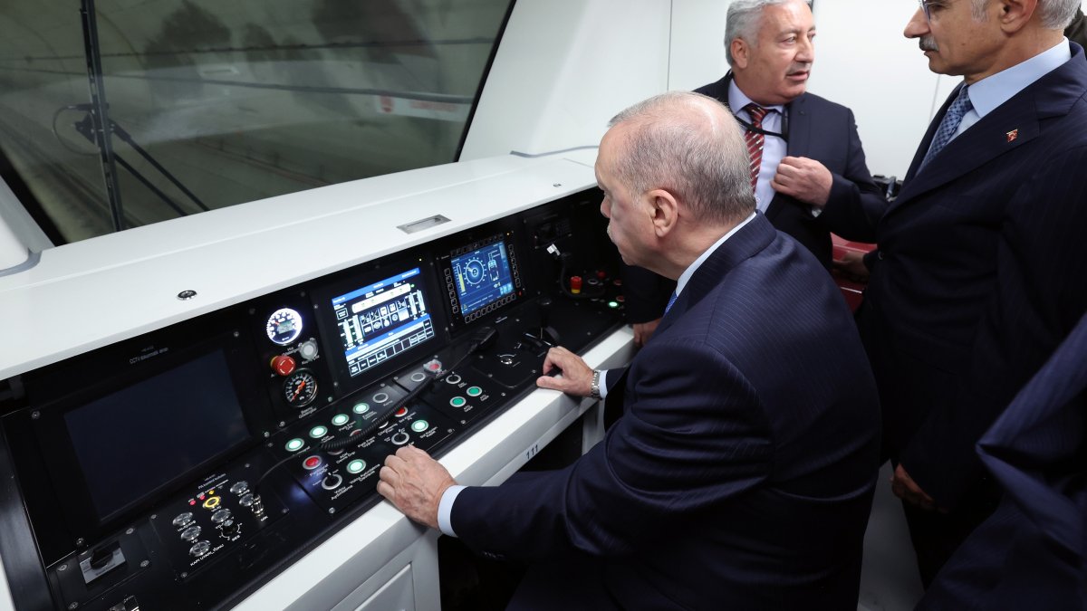 President Recep Tayyip Erdoğan is seated at the control panel of a new train on the Halkalı-Arnavutköy section of the Gayrettepe-Istanbul Airport-Halkalı metro line before the opening ceremony, Istanbul, Türkiye, June 19, 2026. (AA Photo)