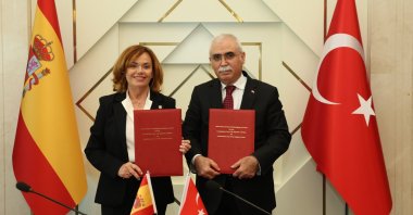 Turkish Constitutional Court President Kadir Özkaya (R) meets with Spanish Constitutional Court Vice President Inmaculada Montalbán Huertas during her delegation's visit to Ankara, Türkiye, June 16, 2026. (AA Photo)
