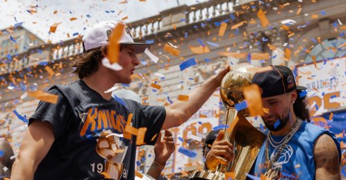 Jose Alvarado (R) and Tyler Kolek celebrate during the 2026 Knicks Championship City Hall celebration ceremony, New York City, U.S., June 18, 2026. (EPA Photo)