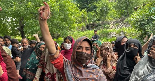 Supporters of the Joint Awami Action Committee (JAAC) gather during a weeks-long protest following the group's ban under anti-terrorism laws by local authorities, Neelum Valley, Kashmir, June 18, 2026. (AFP Photo)