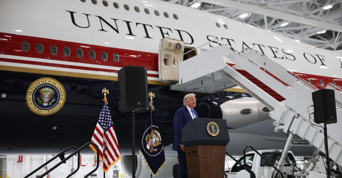 U.S. President Donald Trump delivers remarks after touring the newest aircraft in the presidential fleet at Andrews Air Force Base, Maryland, June 19, 2026. (AFP Photo)