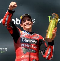 Spanish MotoGP rider Marc Marquez of Ducati Lenovo Team celebrates on the podium after winning the Czech MotoGP, in Brno, Czech Republic, June 21, 2026. (EPA Photo)