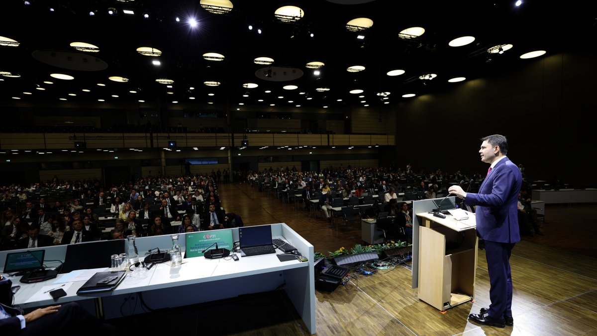 The Turkish minister of Environment, Urban Planning and Climate Change addresses an event on COP31, Bonn, Germany, June 9, 2026. (DHA Photo)