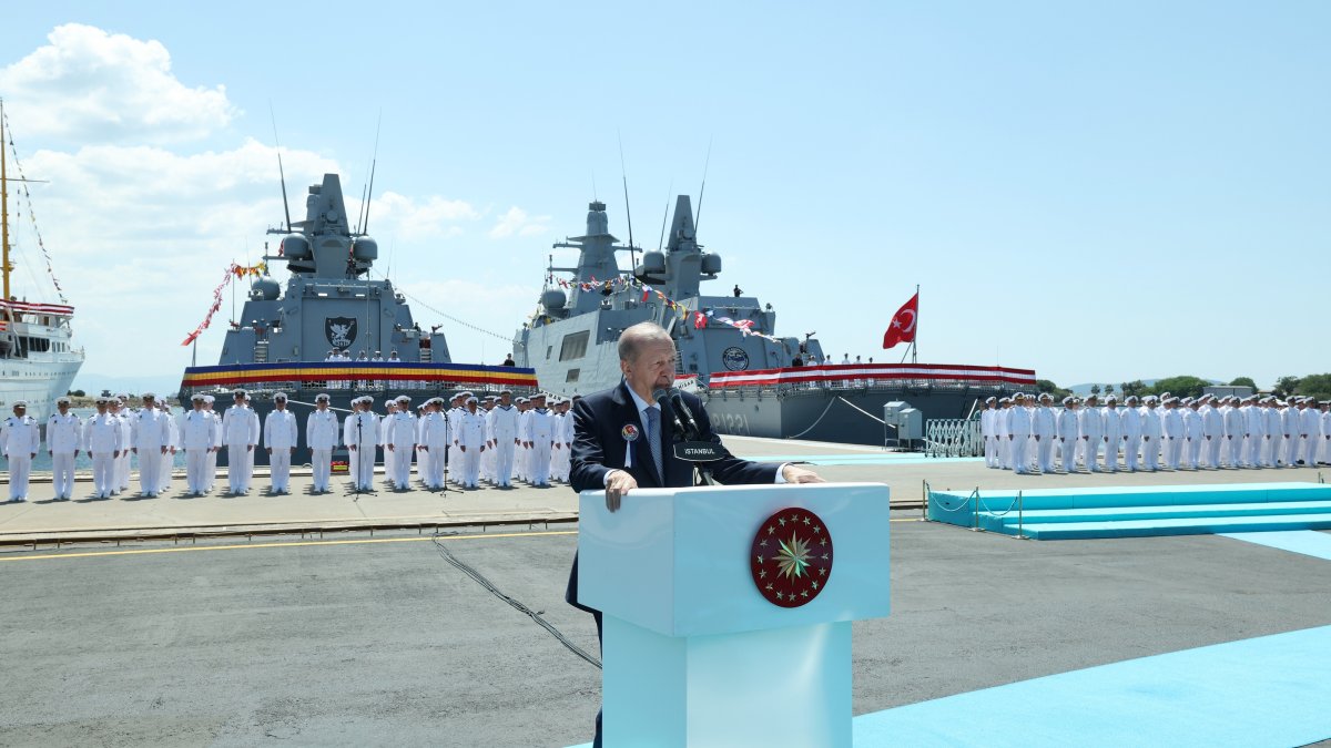 President Recep Tayyip Erdoğan speaks during the vessel delivery ceremony at Istanbul Shipyard Command, Istanbul, Türkiye, June 20, 2026. (AA Photo)