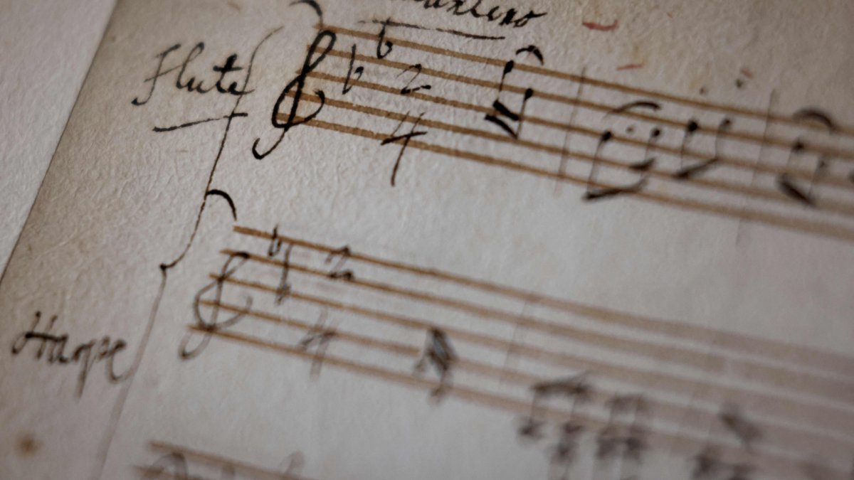 An original fragment of Wolfgang Amadeus Mozart’s music handwritten notebook at Richelieu Library, Paris, France, June 15, 2026. (AFP Photo)