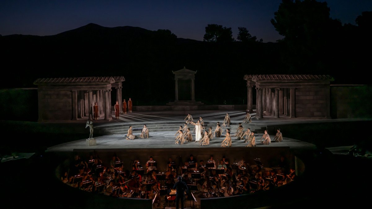 Opera singers and actors perform in the opera "Medea" at the ancient theater of Epidaurus, Greece, June 18, 2026. (AFP Photo)