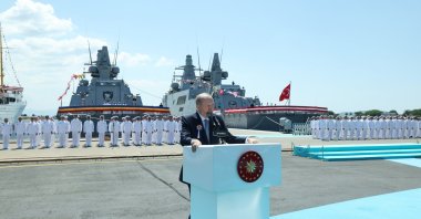 President Recep Tayyip Erdoğan speaks during the vessel delivery ceremony at Istanbul Shipyard Command, Istanbul, Türkiye, June 20, 2026. (AA Photo)