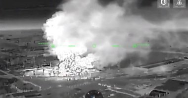 A drone footage shows fire and smoke rising from buildings, in what Ukrainian President Volodymyr Zelenskyy said was an attack on an oil depot in the city of Kerch, Crimea, June 21, 2026. (Reuters Photo)