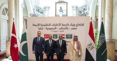 Egyptian Foreign Minister Badr Abdelatty (2nd-R), Foreign Minister Hakan Fidan (L), Saudi Arabian Prince Faisal bin Farhan Al Saud (R) and Foreign Minister Mohammad Ishaq Dar (2nd-L) pose for a photo, Cairo, Egypt, June 21, 2026. (EPA Photo)