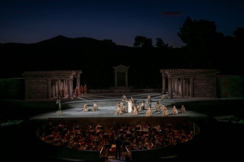 Opera singers and actors perform in the opera "Medea" at the ancient theater of Epidaurus, Greece, June 18, 2026. (AFP Photo)