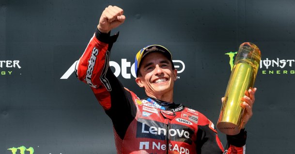 Spanish MotoGP rider Marc Marquez of Ducati Lenovo Team celebrates on the podium after winning the Czech MotoGP, in Brno, Czech Republic, June 21, 2026. (EPA Photo)