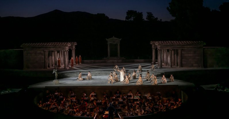Opera singers and actors perform in the opera "Medea" at the ancient theater of Epidaurus, Greece, June 18, 2026. (AFP Photo)