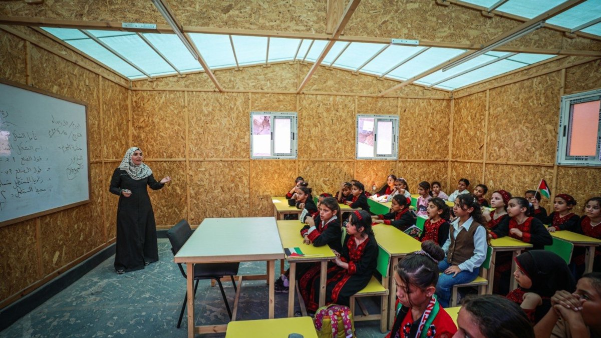 Students attend a lesson at the Abu Bakr Temporary School, established by Türkiye's Humanitarian Relief Foundation (IHH,) Gaza Strip, Palestine, June 22, 2026. (AA Photo)