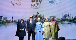 Family and Social Services Minister Mahinur Özdemir Göktaş (C), Deputy Foreign Minister Musa Kulaklıkaya (2nd L) and NUN Education and Culture Foundation Chair and ALLY for Future Founder Esra Albayrak (2nd R) pose for a group photo, Ankara, Türkiye, June 22, 2026. (AA Photo) 