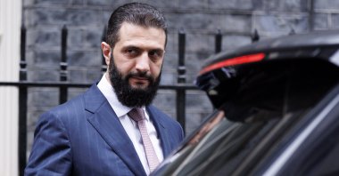 Syrian President Ahmed al-Sharaa leaves after a meeting with the British prime minister at Downing Street, London, U.K., March 31, 2026. (EPA Photo)