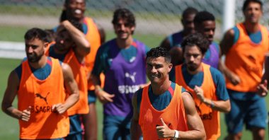 Portugal's Cristiano Ronaldo (C) takes part in a training session at the Gardens North County District Park, Palm Beach Gardens, U.S., June 21, 2026. (AFP Photo)