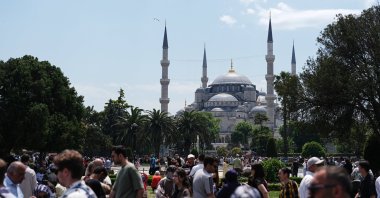 People are seen passing in front of the Blue Mosque, Istanbul, Türkiye, May 28, 2026. (AA Photo)