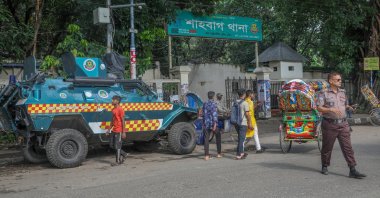A Bangladesh Police armored personnel carrier is stationed in front of Shahbagh Police Station in Dhaka, Bangladesh, June 22, 2026. (EPA Photo)