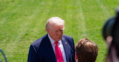 President Trump takes questions from the White House Press Corps as he boards his helicopter in Washington, D.C., April 16, 2026. (AFP File Photo)