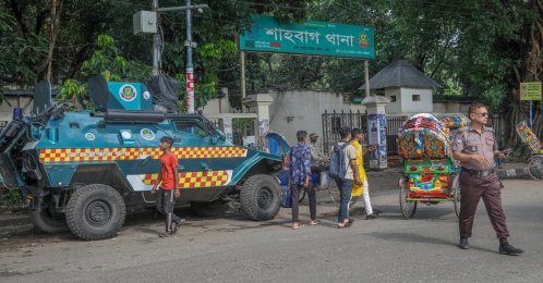 A Bangladesh Police armored personnel carrier is stationed in front of Shahbagh Police Station in Dhaka, Bangladesh, June 22, 2026. (EPA Photo)