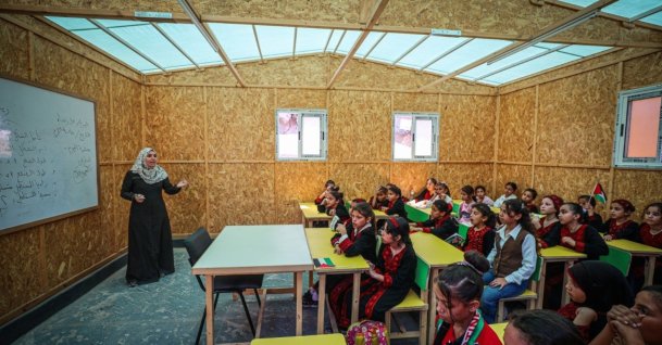 Students attend a lesson at the Abu Bakr Temporary School, established by Türkiye's Humanitarian Relief Foundation (IHH,) Gaza Strip, Palestine, June 22, 2026. (AA Photo)