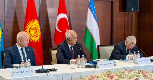 Officials attend the 19th Meeting of the Council of Elders of the Organization of Turkic States (OTS) in Almaty, Kazakhstan, June 22, 2026. (AA Photo)