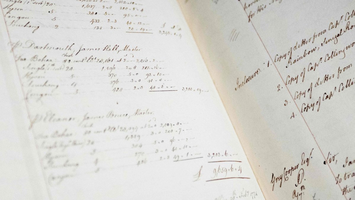 A compensation claim for the 340 chests of tea thrown into Boston harbor in what is known as the "Boston Tea Party," is pictured at a photocall ahead of the exhibition: Revolution 250: America's Independence Story 1763-1783 at The National Archives in Kew, London, U.K., June 22, 2026. (AFP Photo)