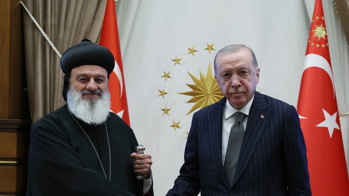 President Erdoğan shakes hands with Syriac Patriarch Mor Ignatius Aphrem II, in Ankara, Türkiye, June 23, 2026. (AA Photo) 
