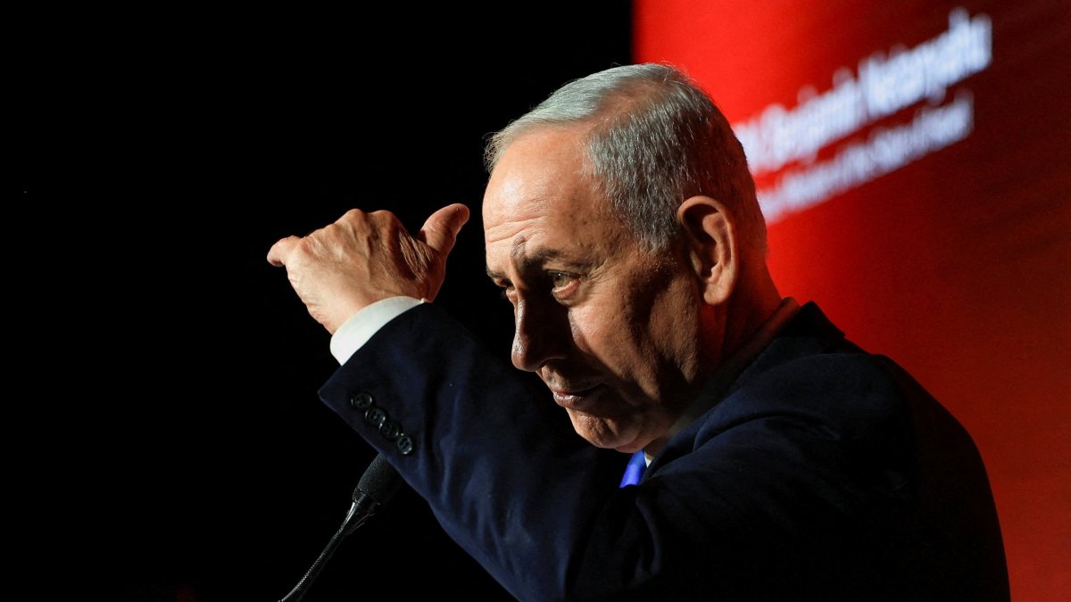 Israeli Prime Minister Benjamin Netanyahu speaks at the JNS (Jerusalem News Syndicate) International Policy Summit in Jerusalem, June 21, 2026. (Reuters Photo)