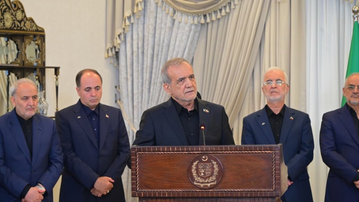Iranian President Dr. Masoud Pezeshkian (C) speaks during a press conference with Pakistan's Prime Minister Muhammad Shehbaz Sharif (not pictured) in Islamabad, Pakistan, June 23, 2026. (Handout via EPA)