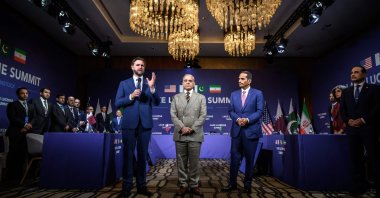 U.S. Vice President JD Vance (L) speaks next to Pakistan's Prime Minister Shehbaz Sharif (C) and Qatar's Prime Minister and Minister for Foreign Affairs Sheikh Mohammed bin Abdulrahman bin Jassim Al-Thani at the start of a quadrilateral meeting between the United States, Iran, Pakistan and Qatar at the Burgenstock luxury hotel complex overlooking Lake Lucerne, Switzerland, June 21, 2026. (AFP Photo)