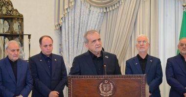 Iranian President Dr. Masoud Pezeshkian (C) speaks during a press conference with Pakistan's Prime Minister Muhammad Shehbaz Sharif (not pictured) in Islamabad, Pakistan, June 23, 2026. (Handout via EPA)