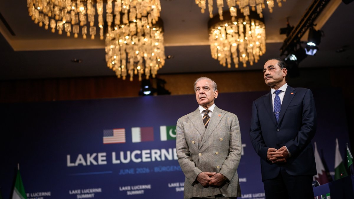Pakistani Prime Minister Muhammad Shahbaz Sharif (L) stands with Pakistani Chief of Army Staff Field Marshal Asim Munir during the quadrilateral meeting between the U.S., Iran, Pakistan and Qatar at the Burgenstock luxury hotel complex overlooking Lake Lucerne, Switzerland, June 21, 2026. (AP Photo)