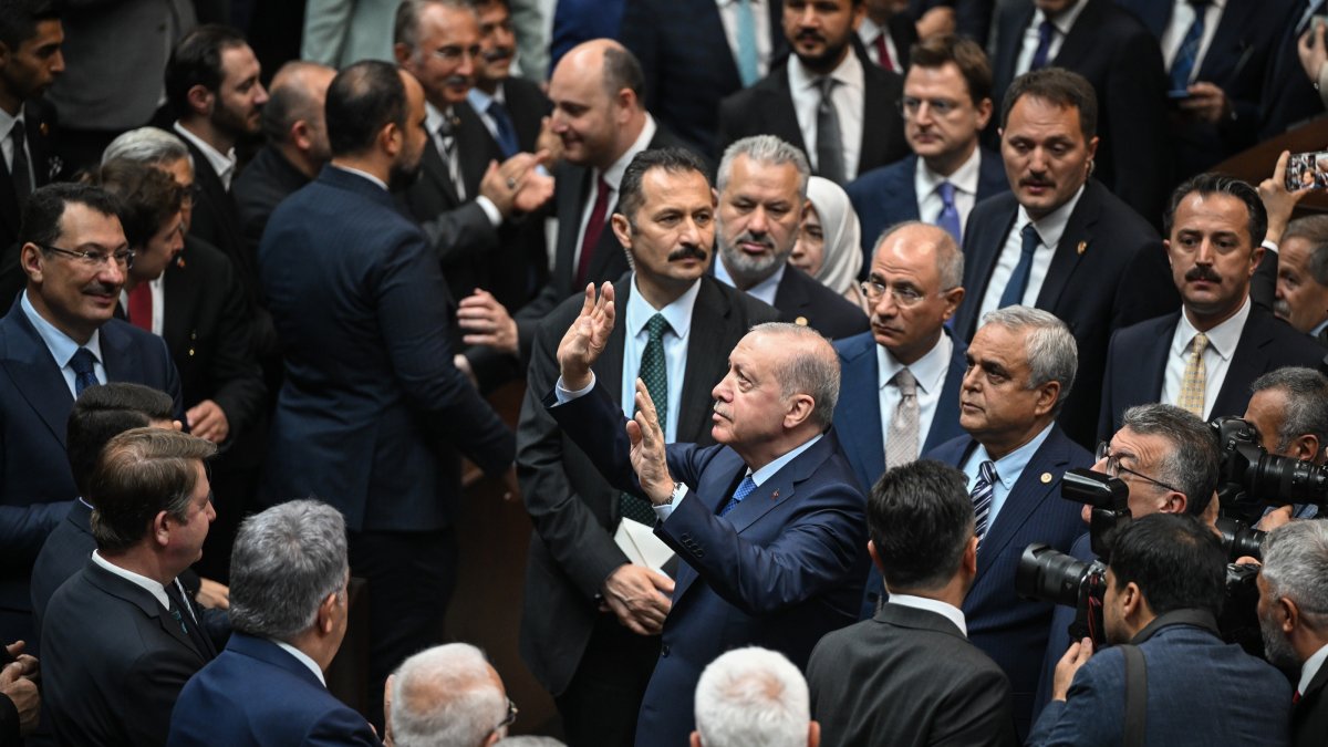 President Recep Tayyip Erdoğan greets supporters at the AK Party's parliamentary group meeting, Ankara, Türkiye, June 24, 2026. (AA Photo)