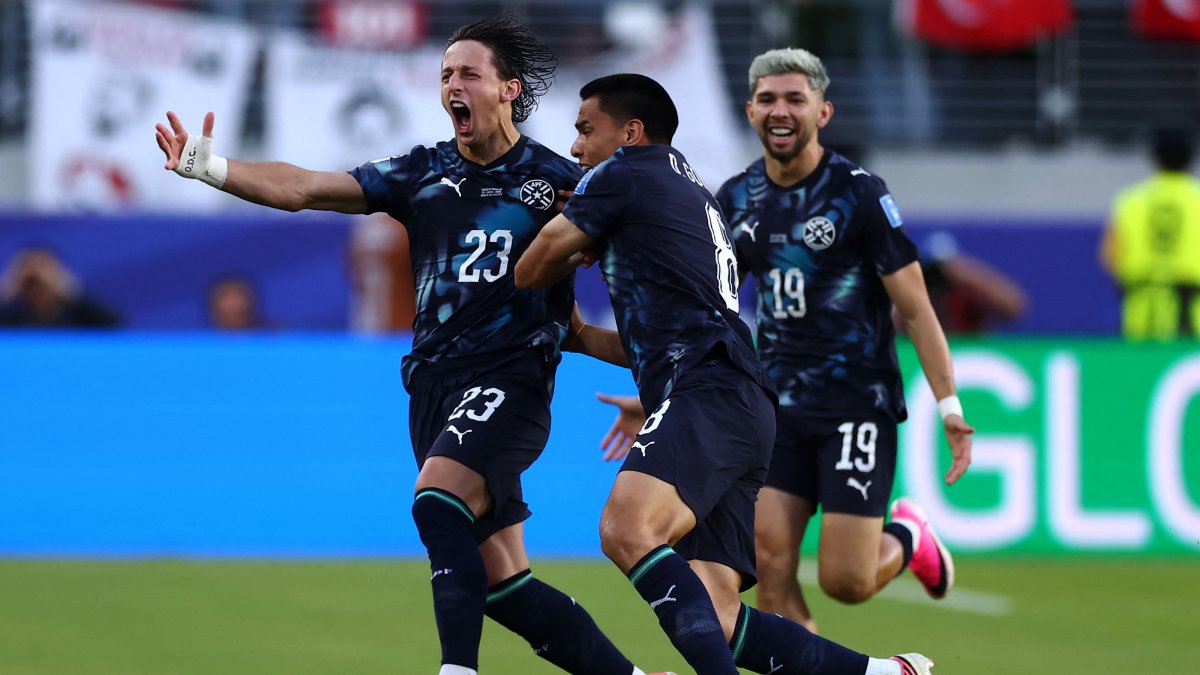 Paraguay's Matias Galarza celebrates (L) with teammates after scoring the team's first goal during the 2026 FIFA World Cup Group D match against Türkiye at San Francisco Bay Area Stadium, Santa Clara, U.S., June 19, 2026. (AFP Photo)