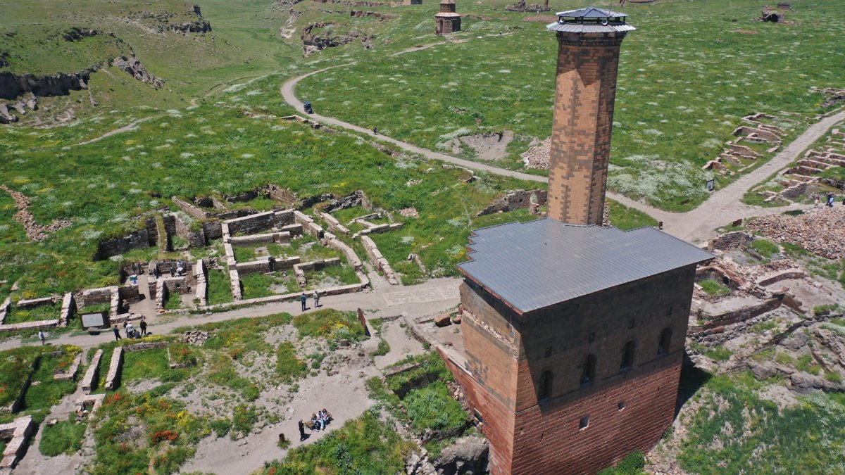 An aerial view of the excavation site in Ani, a UNESCO World Heritage site, Kars, eastern Türkiye, June 22, 2026. (AA Photo)