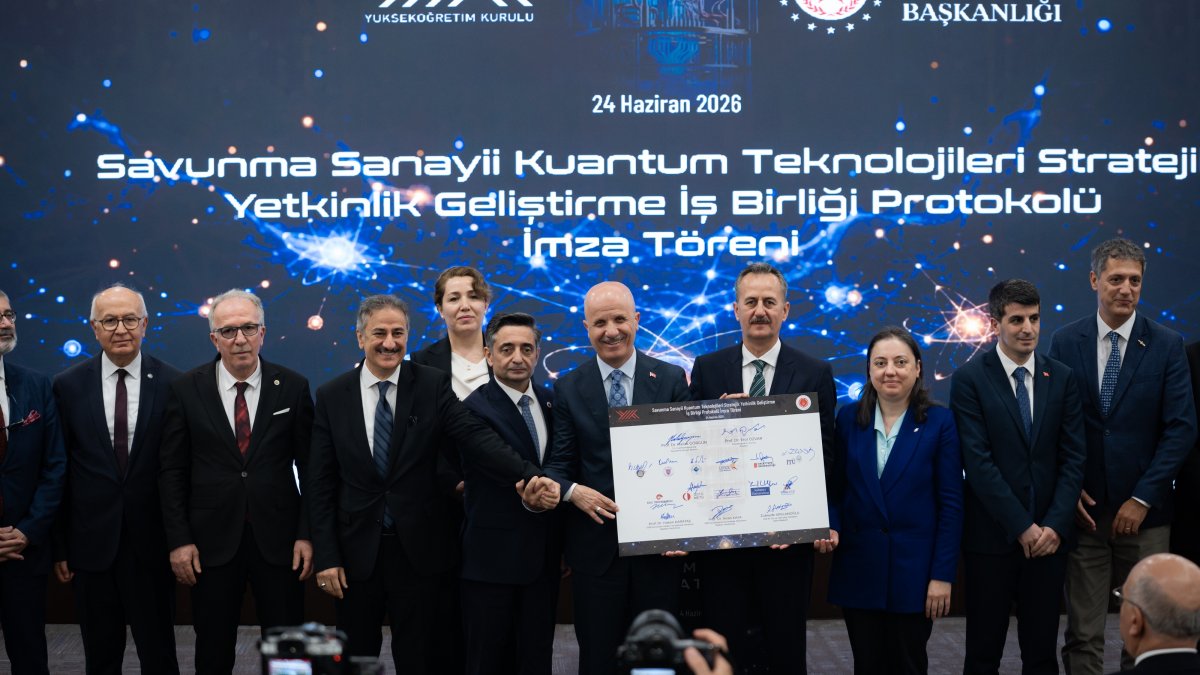 Officials attend the launch of the SSB Quantum Program hosted by Türkiye’s Defense Industries Secretariat (SSB), bringing together Higher Education Council (YÖK) President Erol Özvar, university rectors, academics and industry representatives, Ankara, June 24, 2026. (AA Photo)