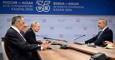 Russian President Vladimir Putin (C-L), flanked by Foreign Minister Sergei Lavrov (L), meets with Foreign Minister Hakan Fidan on the sidelines of the Russia-ASEAN summit, Kazan, Russia, June 17, 2026. (AFP Photo)